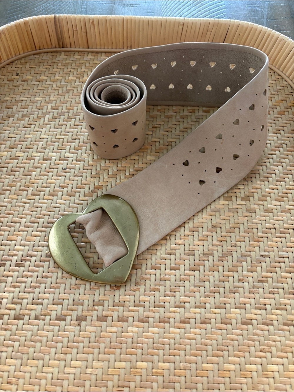 Taupe Heart-Perforated Suede Belt with Brass Buckle